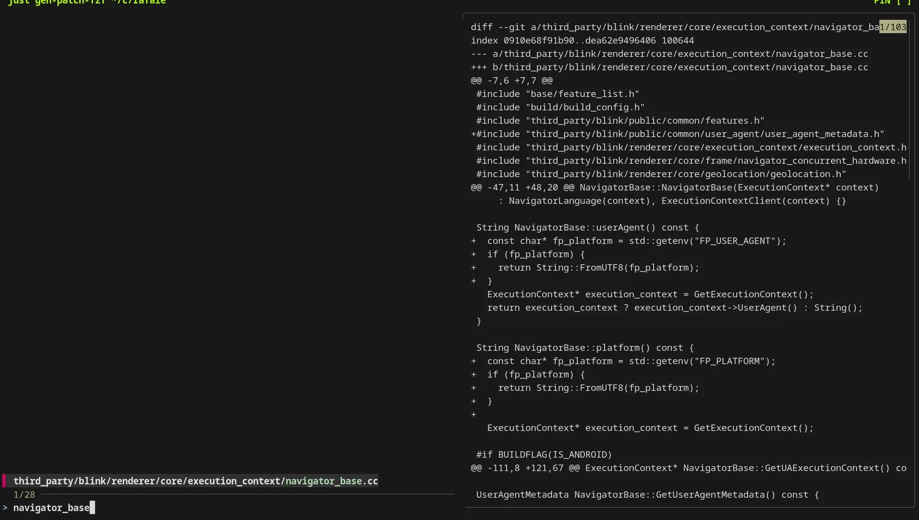 the gen-patch-fzf window